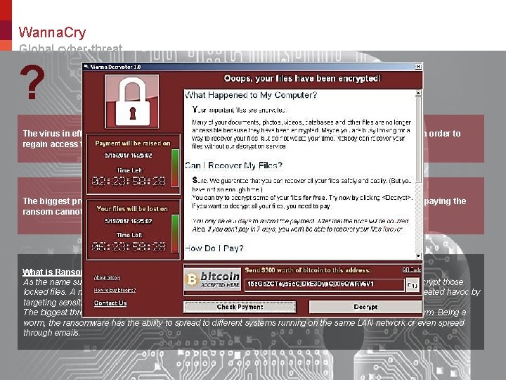 Wanna. Cry Global cyber-threat ? The virus in effect holds the infected computer hostage