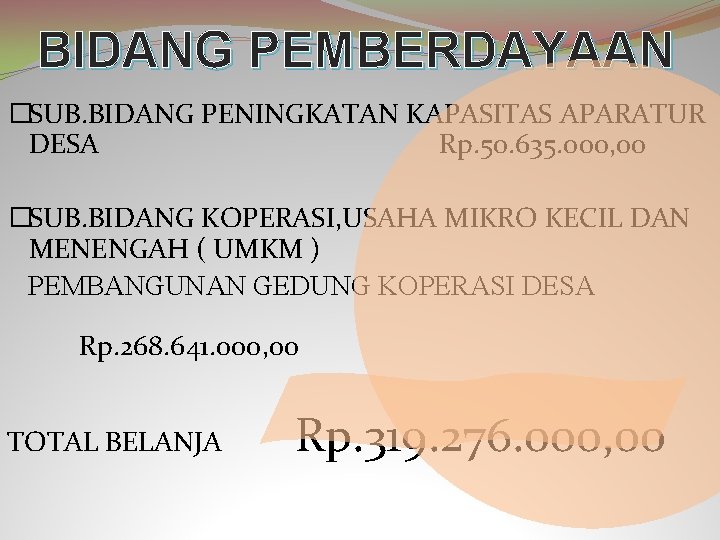 BIDANG PEMBERDAYAAN �SUB. BIDANG PENINGKATAN KAPASITAS APARATUR DESA Rp. 50. 635. 000, 00 �SUB.