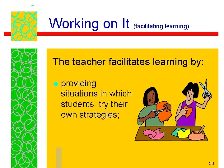 Working on It (facilitating learning) The teacher facilitates learning by: u providing situations in