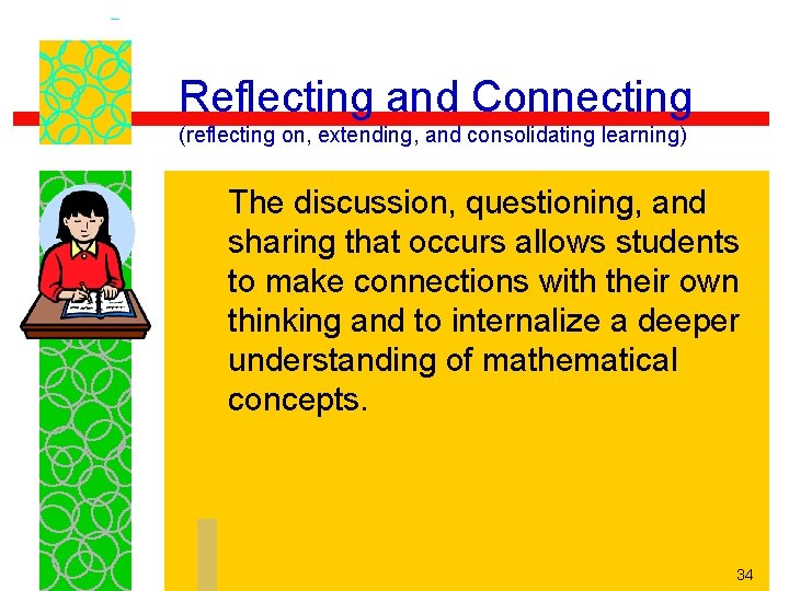 Reflecting and Connecting (reflecting on, extending, and consolidating learning) The discussion, questioning, and sharing
