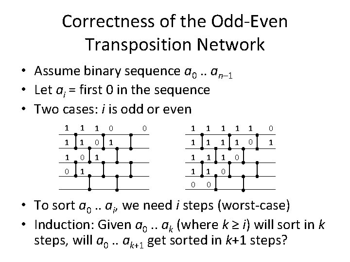 Correctness of the Odd-Even Transposition Network • Assume binary sequence a 0. . an–