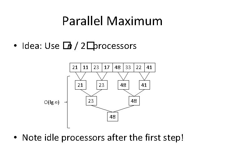 Parallel Maximum • Idea: Use �n / 2�processors 21 11 23 17 48 33
