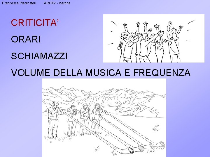 Francesca Predicatori ARPAV - Verona CRITICITA’ ORARI SCHIAMAZZI VOLUME DELLA MUSICA E FREQUENZA 