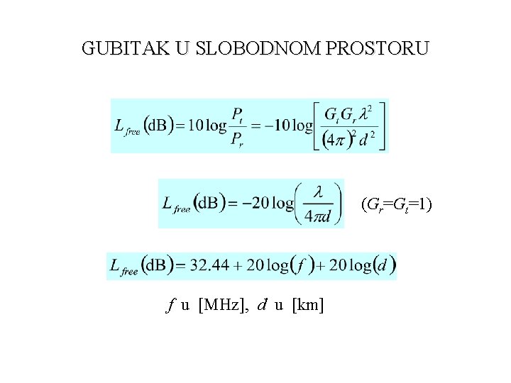 GUBITAK U SLOBODNOM PROSTORU (Gr=Gt=1) f u [MHz], d u [km] 