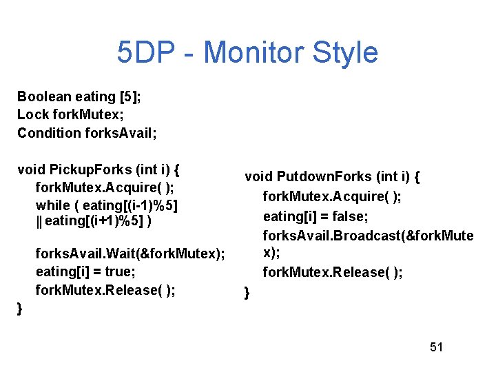 5 DP - Monitor Style Boolean eating [5]; Lock fork. Mutex; Condition forks. Avail;