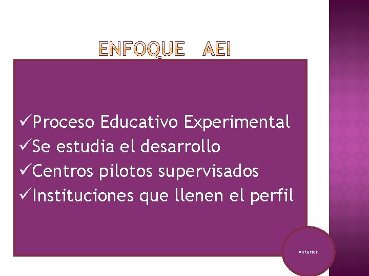 üProceso Educativo Experimental üSe estudia el desarrollo üCentros pilotos supervisados üInstituciones que llenen el