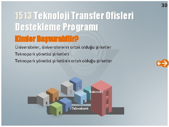 30 1513 Teknoloji Transfer Ofisleri Destekleme Programı Kimler Başvurabilir? Üniversiteler, üniversitelerin ortak olduğu şirketler