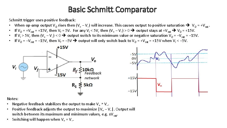 Basic Schmitt Comparator Schmitt trigger uses positive feedback: • When op-amp output VO rises