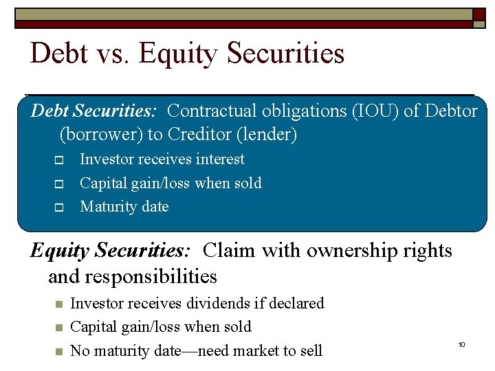 Debt vs. Equity Securities Debt Securities: Contractual obligations (IOU) of Debtor (borrower) to Creditor