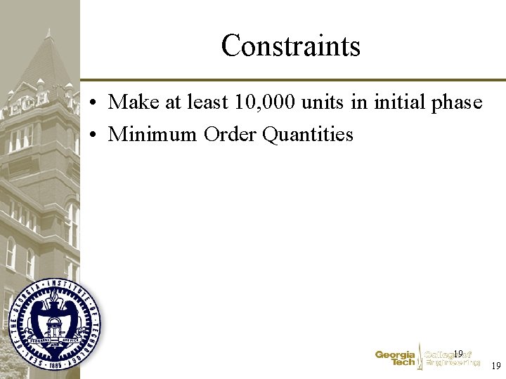 Constraints • Make at least 10, 000 units in initial phase • Minimum Order
