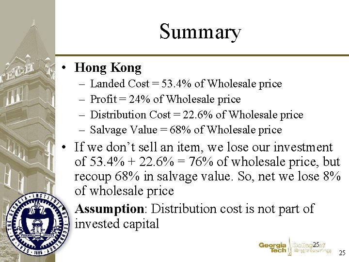 Summary • Hong Kong – – Landed Cost = 53. 4% of Wholesale price
