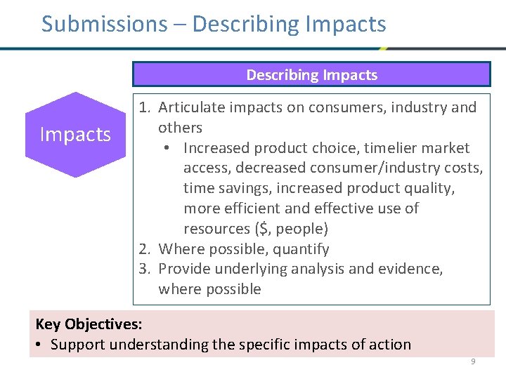 Submissions – Describing Impacts 1. Articulate impacts on consumers, industry and others • Increased