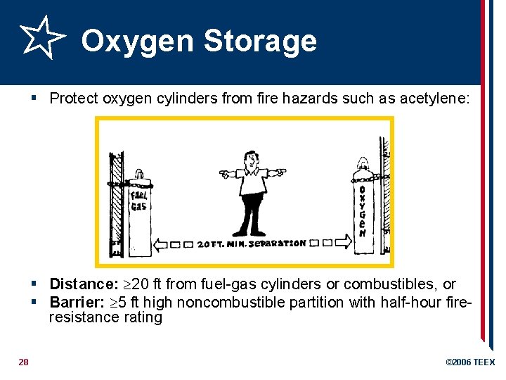 Oxygen Storage § Protect oxygen cylinders from fire hazards such as acetylene: § Distance: