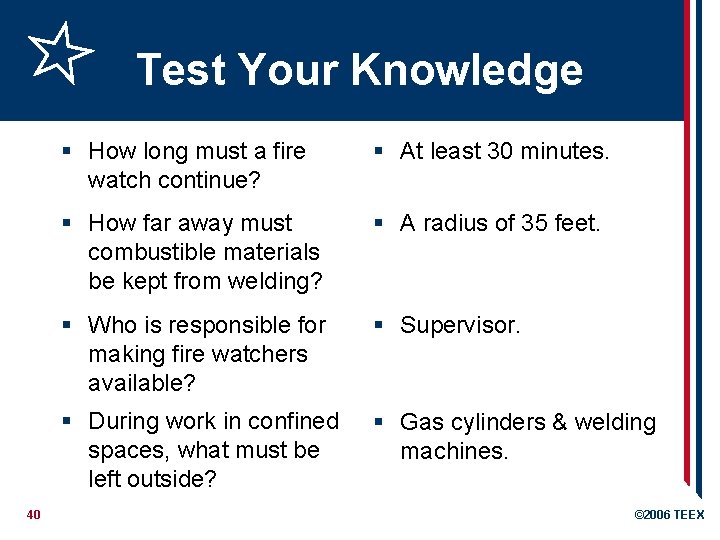 Test Your Knowledge 40 § How long must a fire watch continue? § At