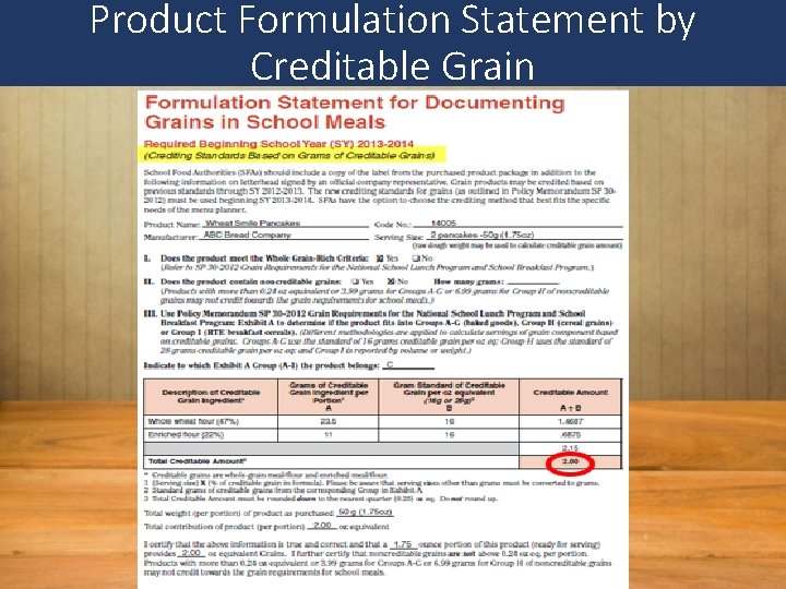 Product Formulation Statement by Creditable Grain 