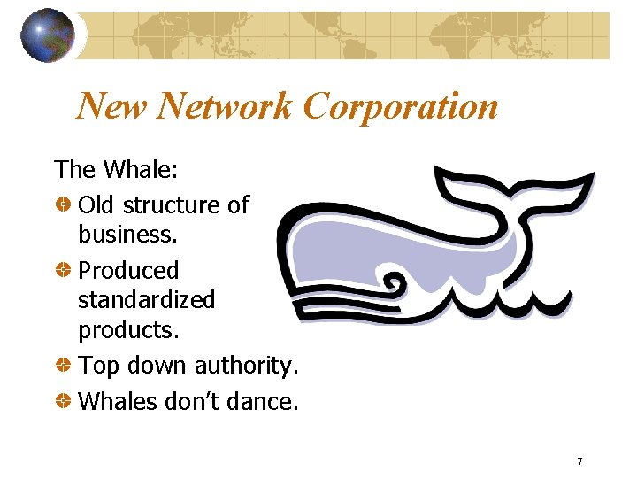 New Network Corporation The Whale: Old structure of business. Produced standardized products. Top down