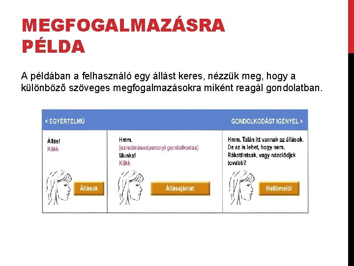 MEGFOGALMAZÁSRA PÉLDA A példában a felhasználó egy állást keres, nézzük meg, hogy a különböző