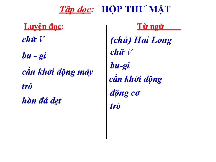 Tập đọc: HỘP THƯ MẬT Luyện đọc: Từ ngữ chữ V (chú) Hai Long