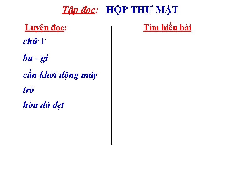 Tập đọc: HỘP THƯ MẬT Luyện đọc: chữ V bu - gi cần khởi