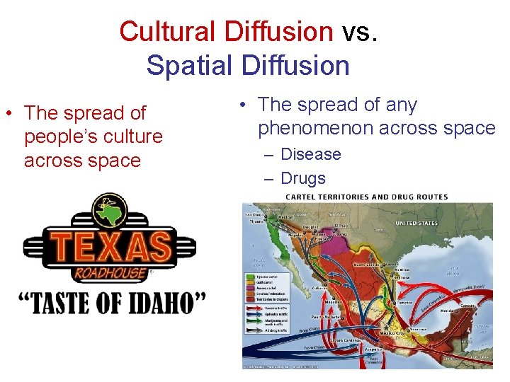Cultural Diffusion vs. Spatial Diffusion • The spread of people’s culture across space •