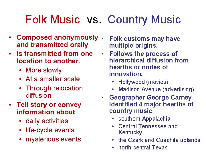 Folk Music vs. Country Music • Composed anonymously • Folk customs may have and