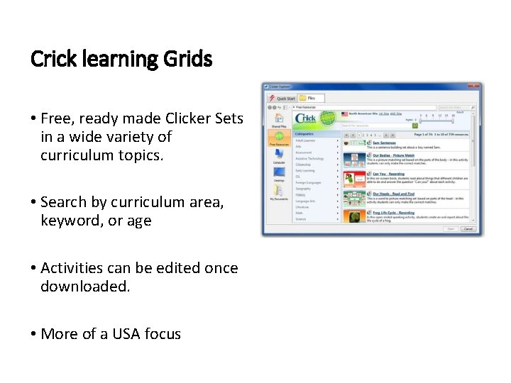 Crick learning Grids • Free, ready made Clicker Sets in a wide variety of