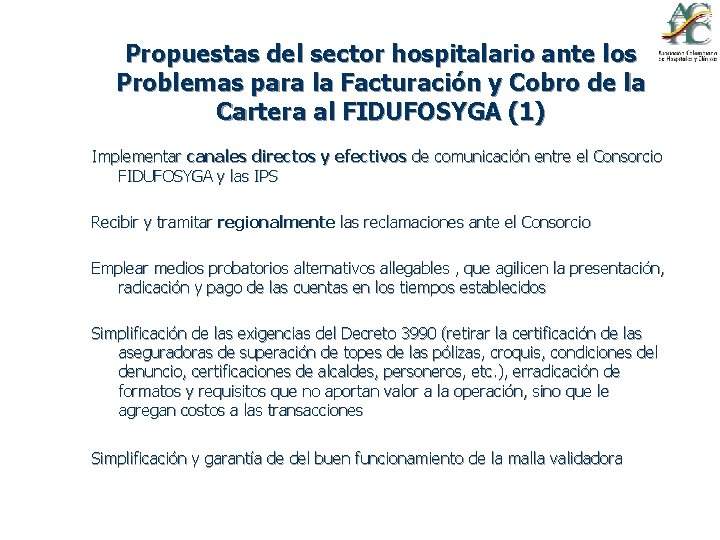 Propuestas del sector hospitalario ante los Problemas para la Facturación y Cobro de la