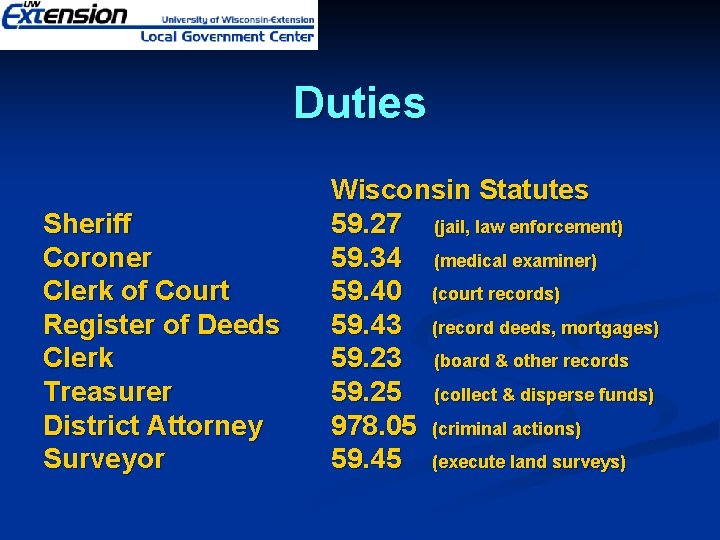 Duties Sheriff Coroner Clerk of Court Register of Deeds Clerk Treasurer District Attorney Surveyor