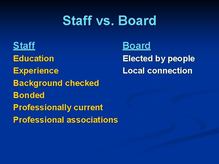 Staff vs. Board Staff Board Education Elected by people Experience Local connection Background checked