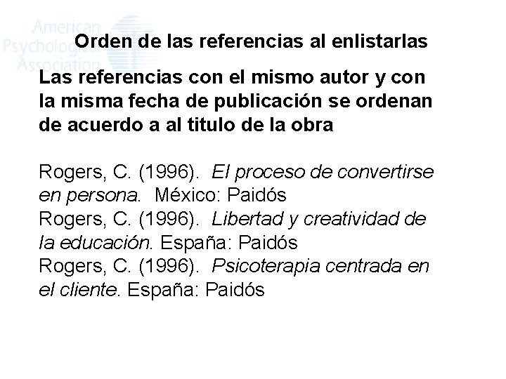 Orden de las referencias al enlistarlas Las referencias con el mismo autor y con