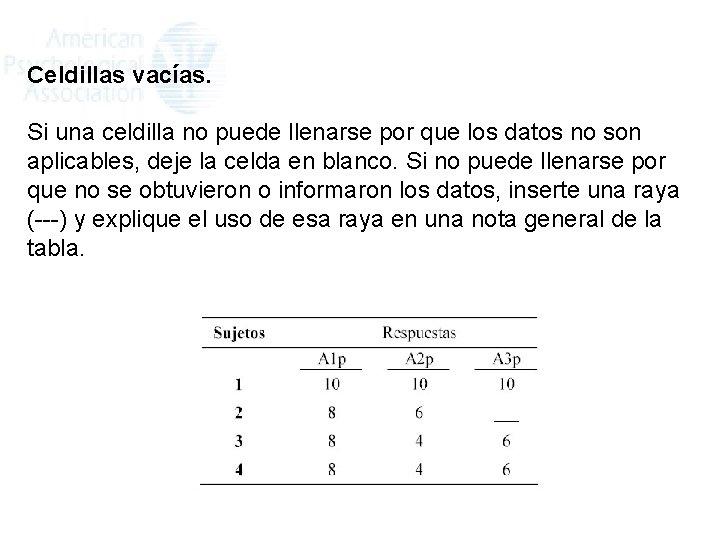 Celdillas vacías. Si una celdilla no puede llenarse por que los datos no son