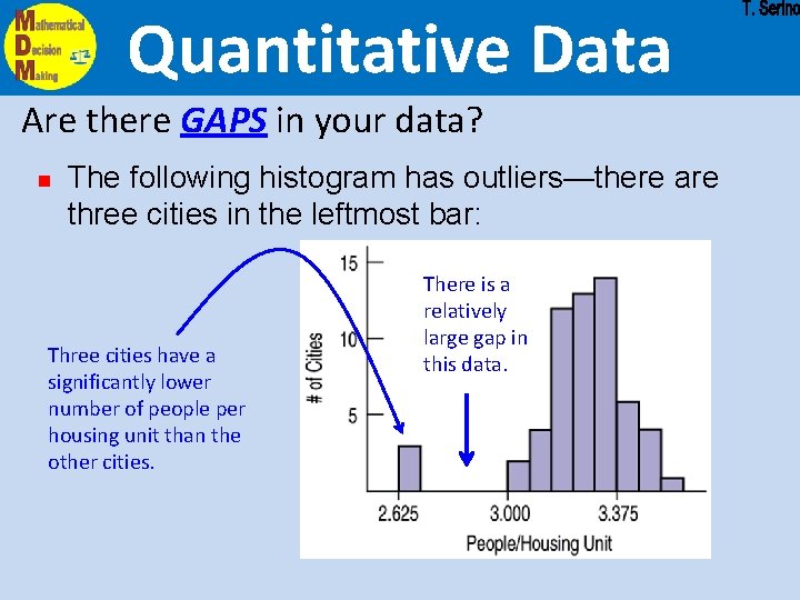 Quantitative Data Are there GAPS in your data? n The following histogram has outliers—there