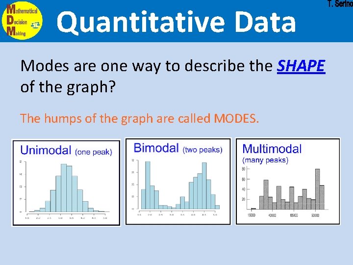 Quantitative Data Modes are one way to describe the SHAPE of the graph? The
