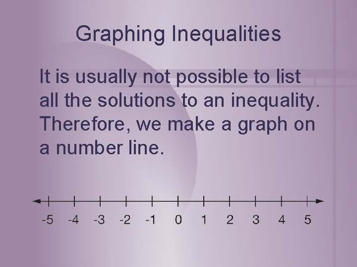 Graphing Inequalities It is usually not possible to list all the solutions to an