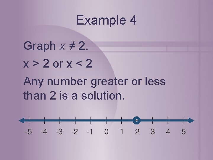 Example 4 Graph x ≠ 2. x > 2 or x < 2 Any