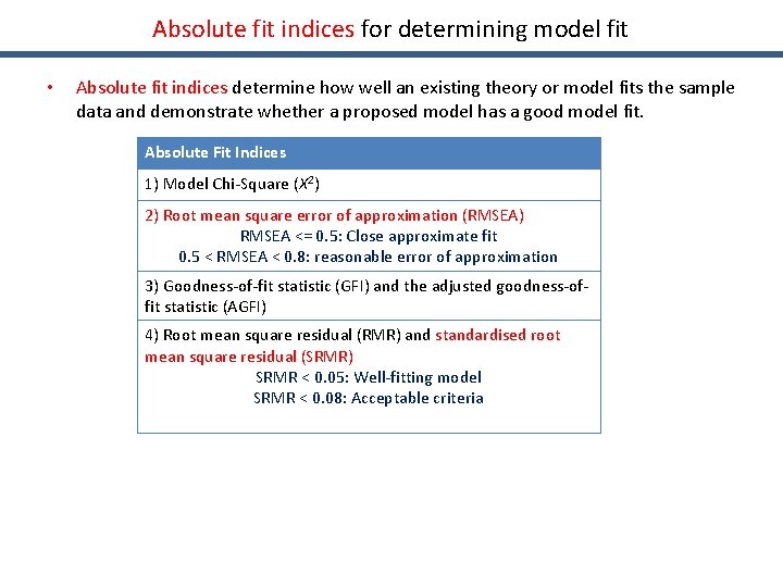 Absolute fit indices for determining model fit • Absolute fit indices determine how well