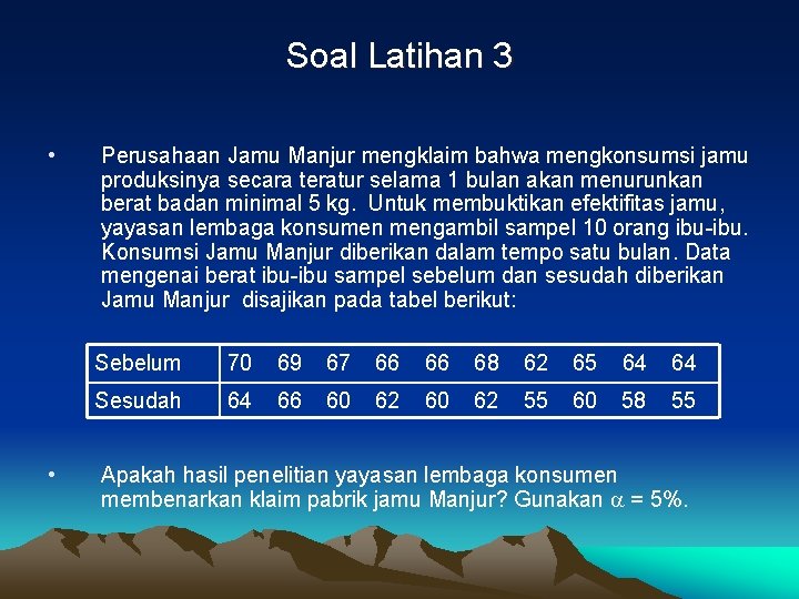 Soal Latihan 3 • • Perusahaan Jamu Manjur mengklaim bahwa mengkonsumsi jamu produksinya secara