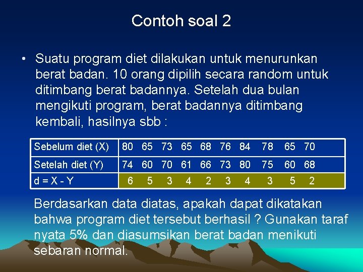 Contoh soal 2 • Suatu program diet dilakukan untuk menurunkan berat badan. 10 orang