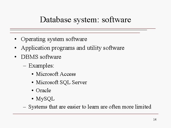 Database system: software • Operating system software • Application programs and utility software • Database system: software • Operating system software • Application programs and utility software •