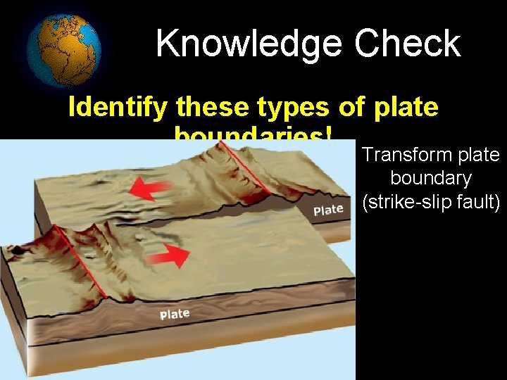 Knowledge Check Identify these types of plate boundaries! Transform plate boundary (strike-slip fault) 