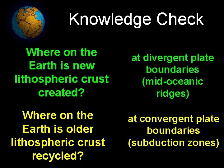 Knowledge Check Where on the Earth is new lithospheric crust created? Where on the