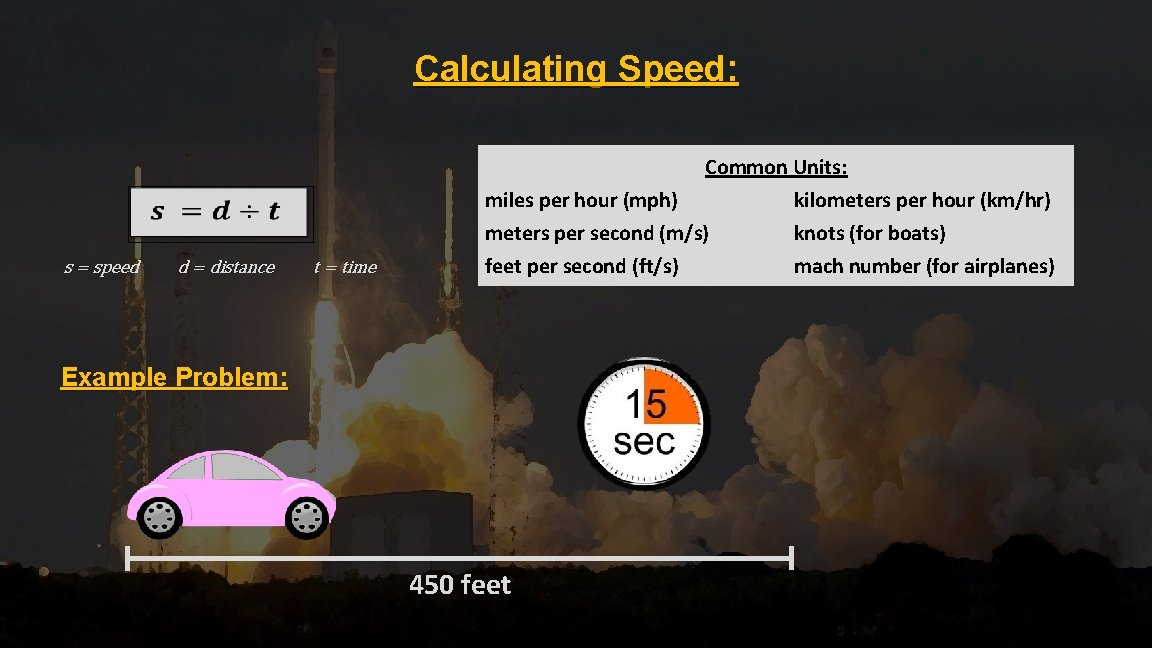 Calculating Speed: s = speed d = distance t = time Common Units: miles