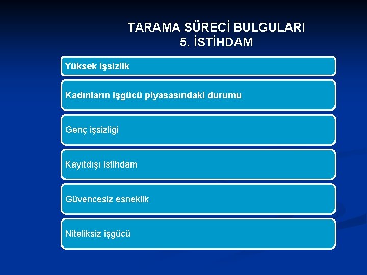 TARAMA SÜRECİ BULGULARI 5. İSTİHDAM Yüksek işsizlik Kadınların işgücü piyasasındaki durumu Genç işsizliği Kayıtdışı