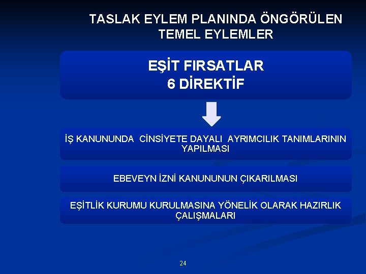 TASLAK EYLEM PLANINDA ÖNGÖRÜLEN TEMEL EYLEMLER EŞİT FIRSATLAR 6 DİREKTİF İŞ KANUNUNDA CİNSİYETE DAYALI