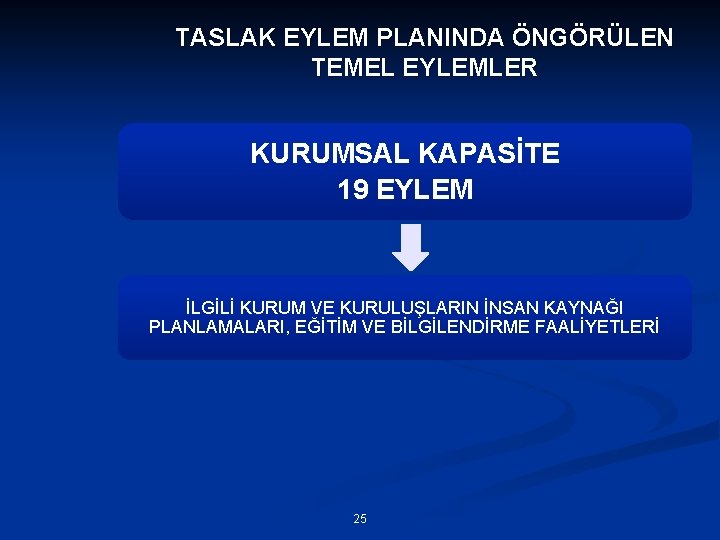 TASLAK EYLEM PLANINDA ÖNGÖRÜLEN TEMEL EYLEMLER KURUMSAL KAPASİTE 19 EYLEM İLGİLİ KURUM VE KURULUŞLARIN