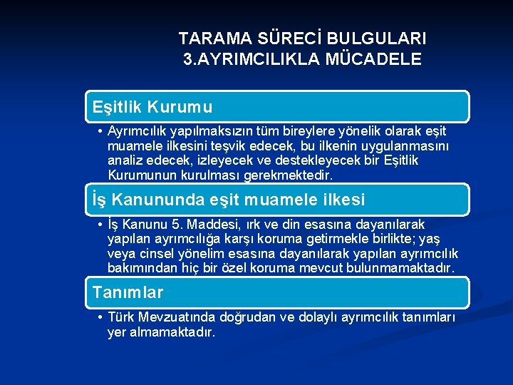 TARAMA SÜRECİ BULGULARI 3. AYRIMCILIKLA MÜCADELE Eşitlik Kurumu • Ayrımcılık yapılmaksızın tüm bireylere yönelik