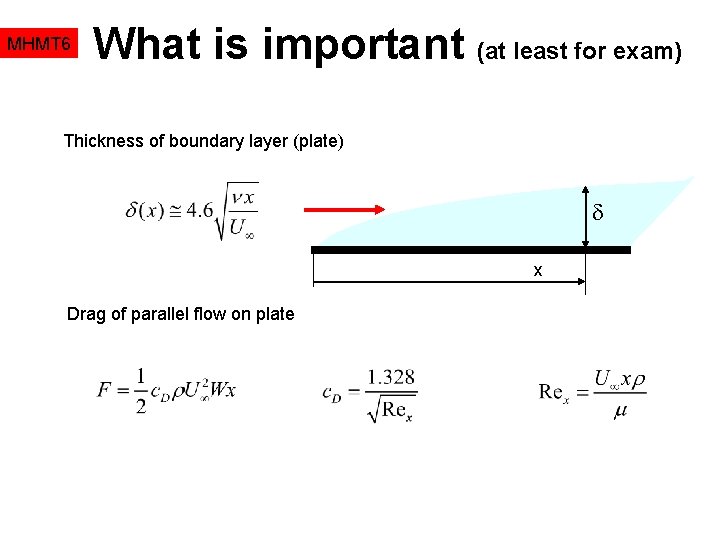 MHMT 6 What is important (at least for exam) Thickness of boundary layer (plate)