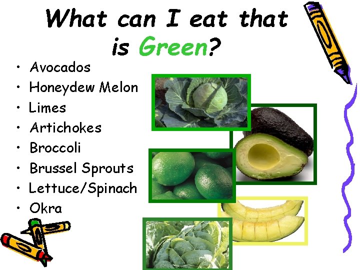  • • What can I eat that is Green? Avocados Honeydew Melon Limes