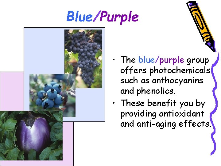 Blue/Purple • The blue/purple group offers photochemicals such as anthocyanins and phenolics. • These