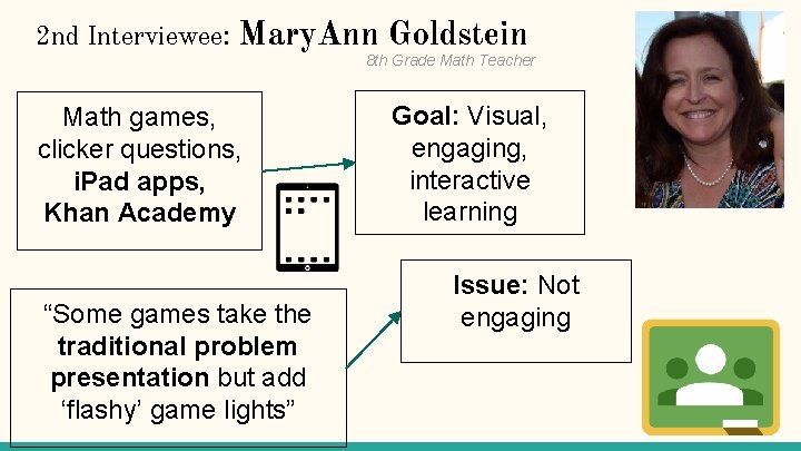 2 nd Interviewee: Mary. Ann Goldstein Math games, clicker questions, i. Pad apps, Khan